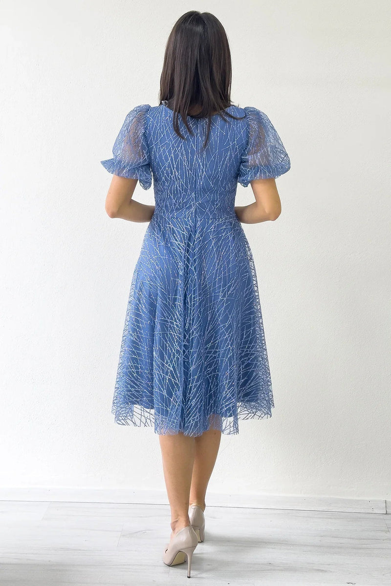 Women's Indigo Balloon Sleeve Glitter Flared Midi Evening Gown