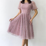 Powder Midi Short Sleeve Glitter Evening Dress