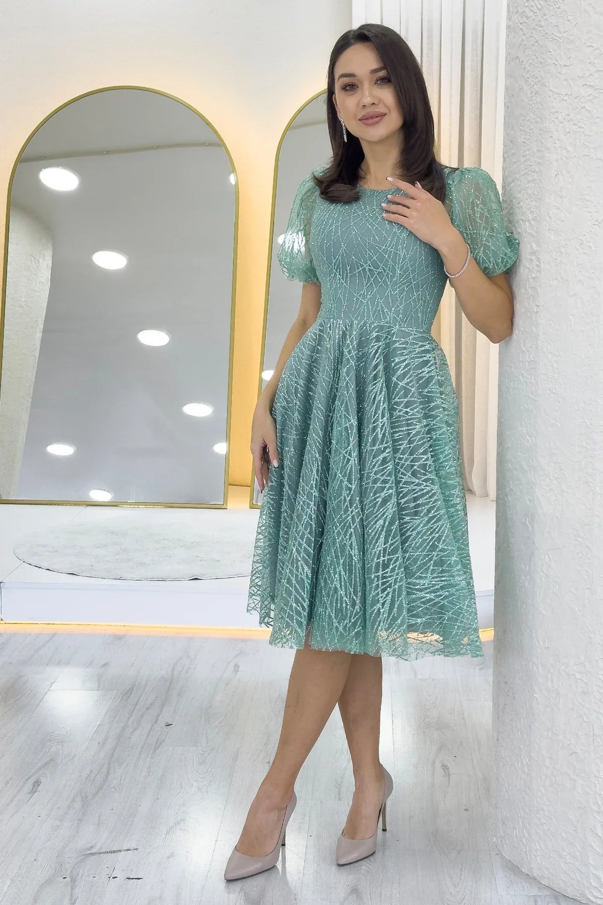 Women's Aqua Green Balloon Sleeve Glitter Flared Midi Evening Gown