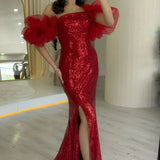 Red Strapless Sequin Maxi Evening Dress
