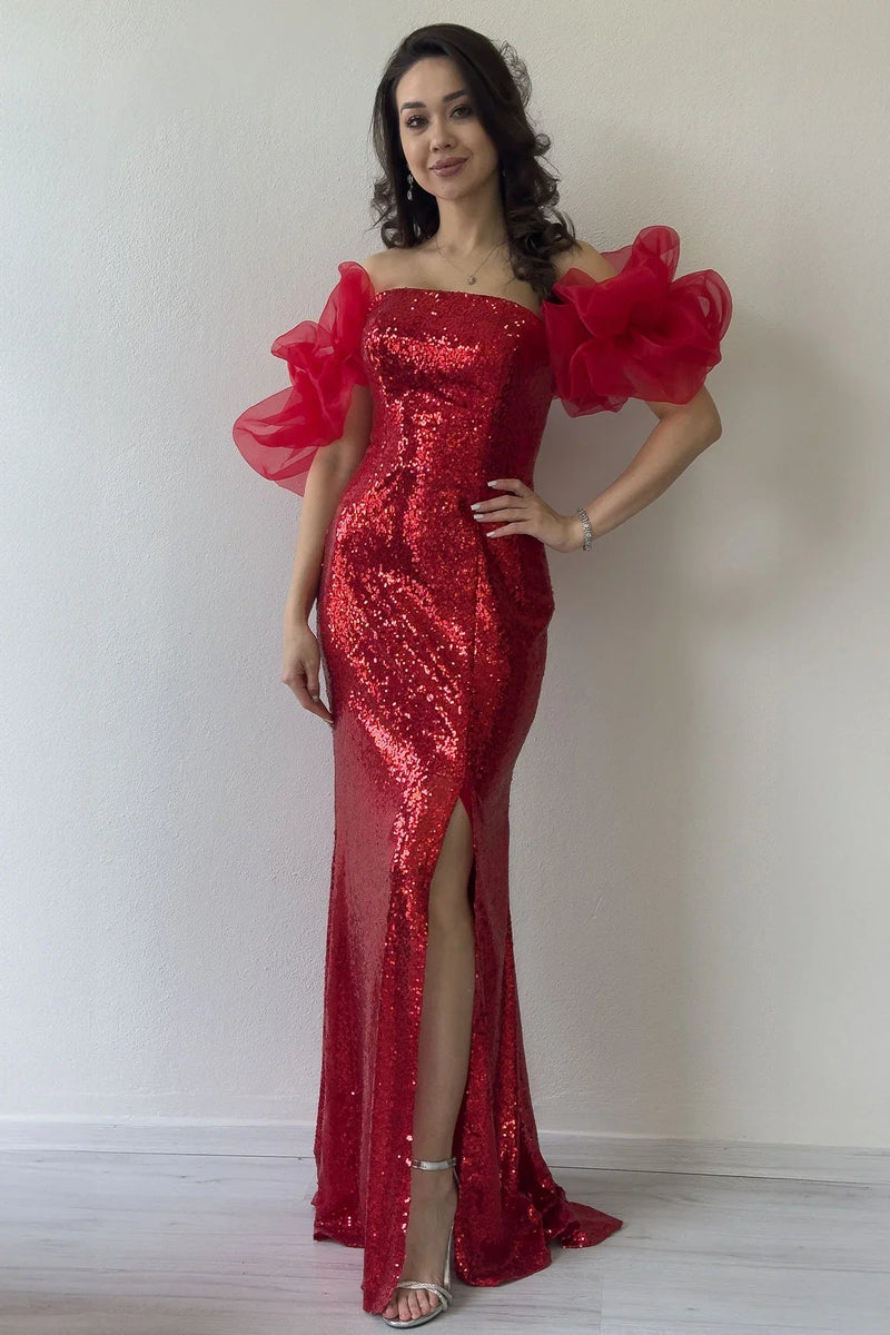 Women's Red Strapless Sequin Slit Tulle Sleeve Detail Evening Gown