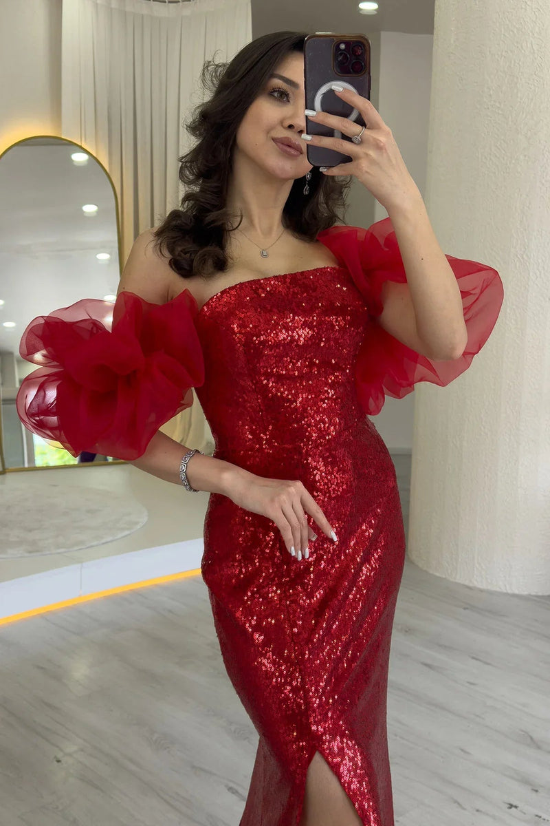Women's Red Strapless Sequin Slit Tulle Sleeve Detail Evening Gown