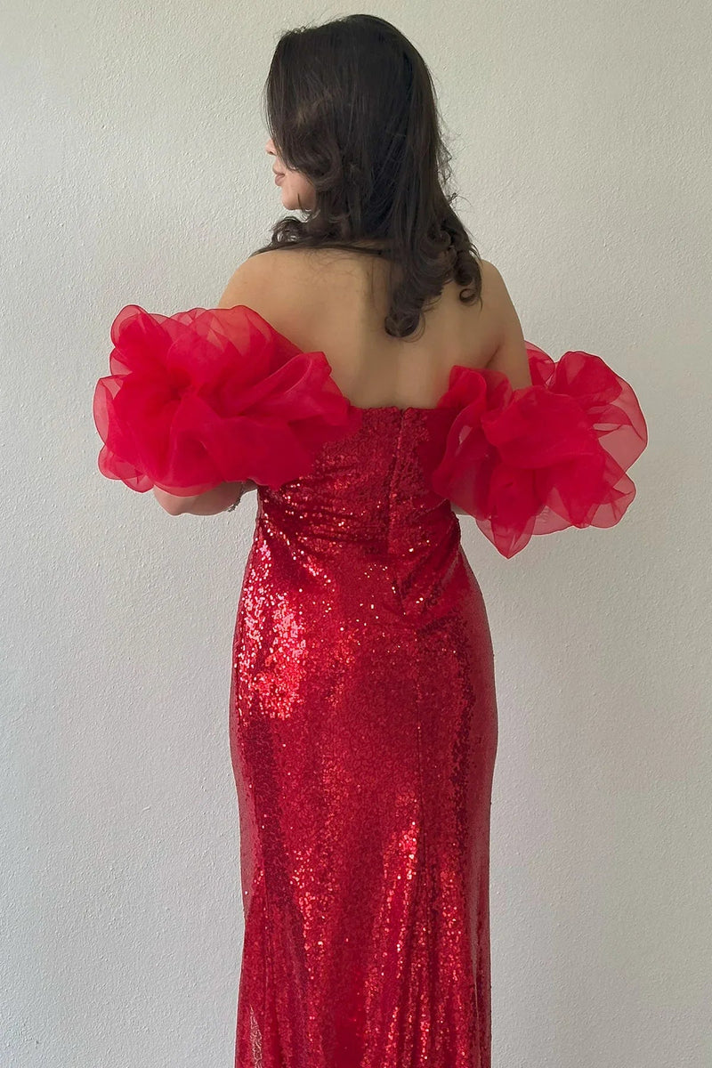 Women's Red Strapless Sequin Slit Tulle Sleeve Detail Evening Gown