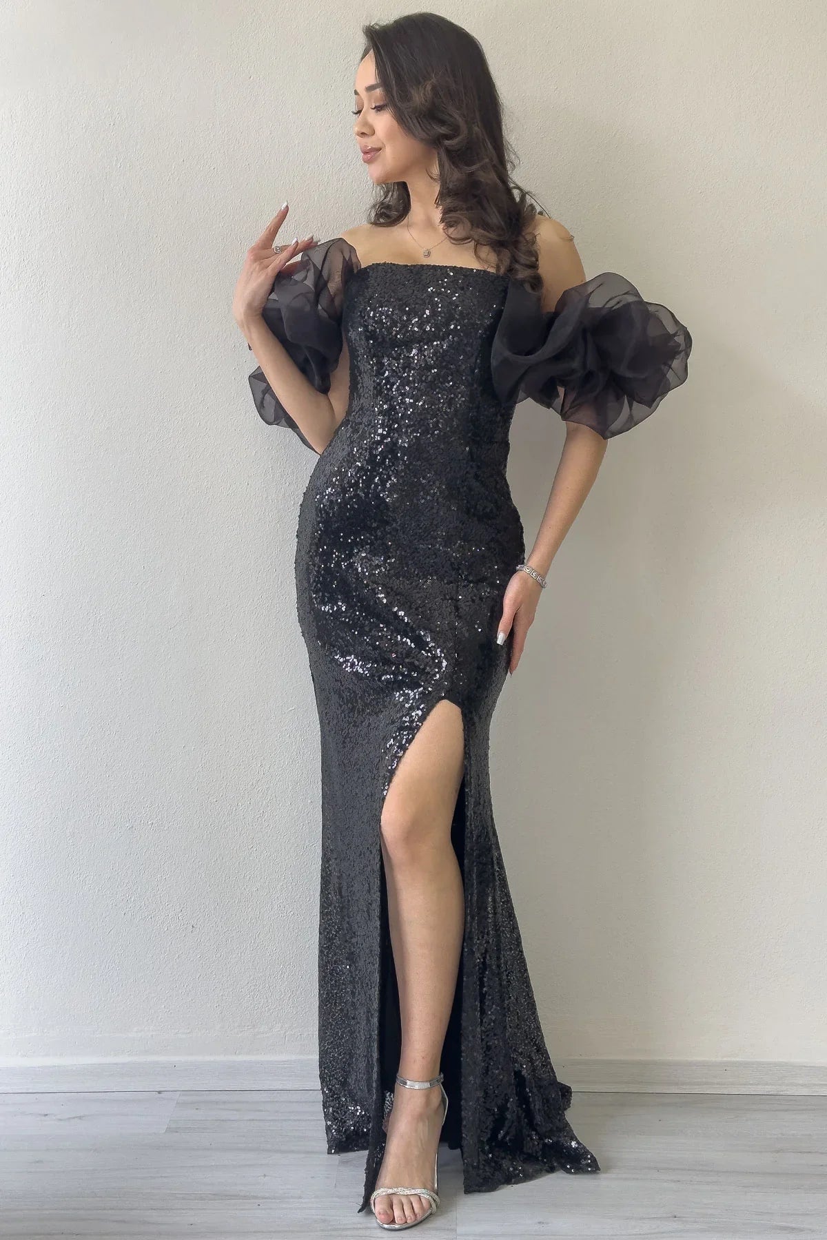 Women's Black Strapless Sequin Slit Tulle Sleeve Detail Evening Gown