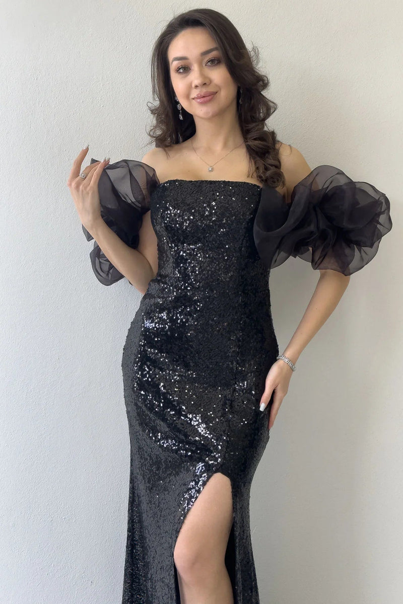Women's Black Strapless Sequin Slit Tulle Sleeve Detail Evening Gown