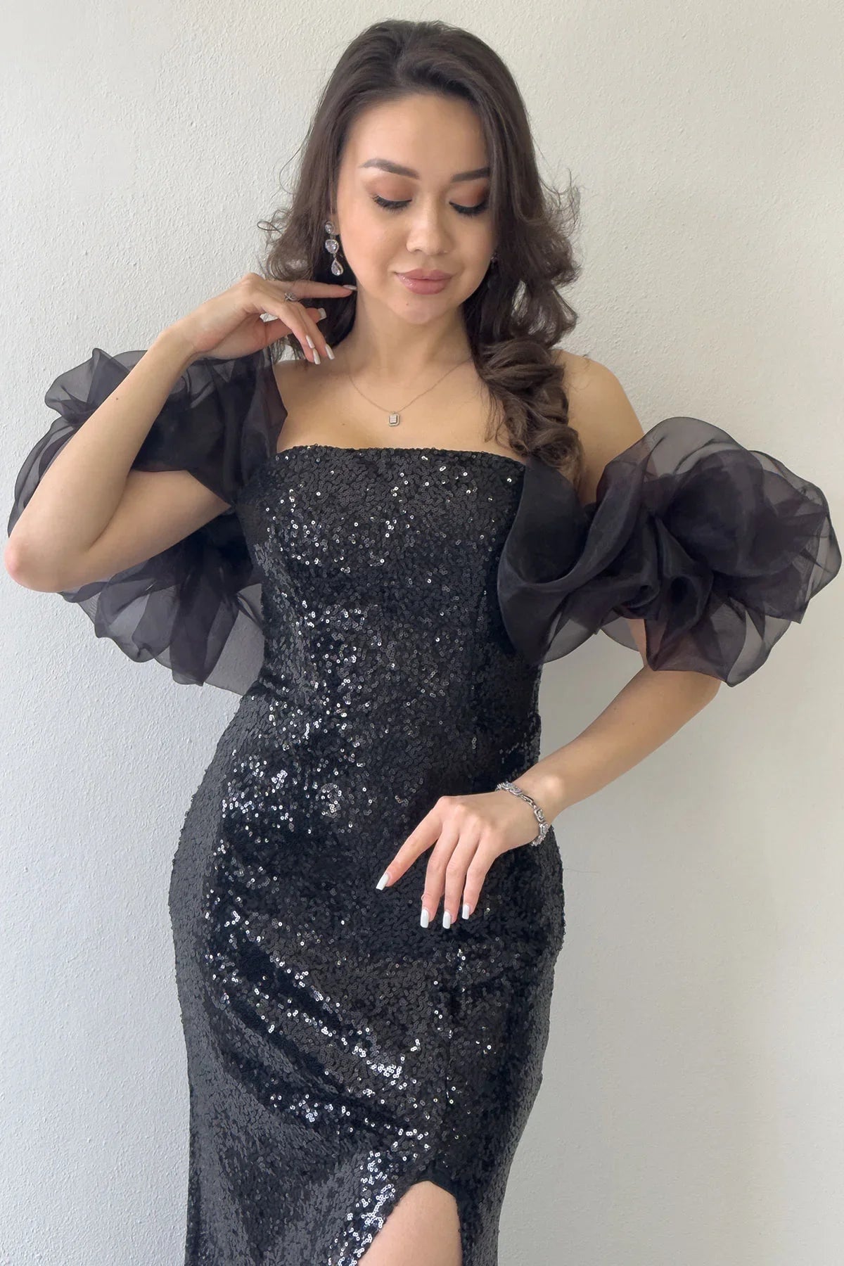 Women's Black Strapless Sequin Slit Tulle Sleeve Detail Evening Gown