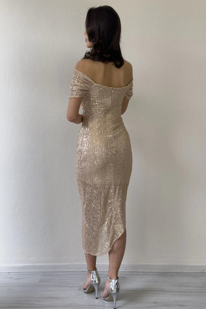 Women's Gold Asymmetric Skirt Off-Shoulder Midi Sequin Evening Gown