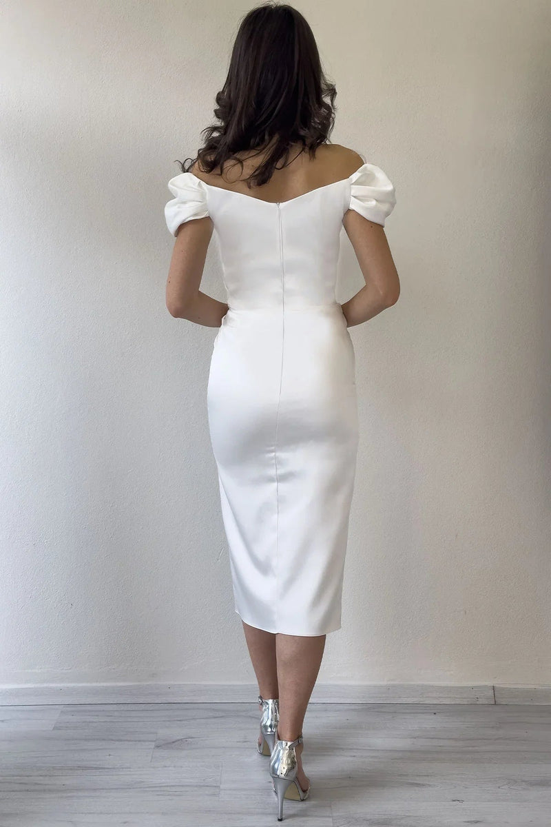 Women's White Off-Shoulder Satin Draped Slit Midi Evening Gown