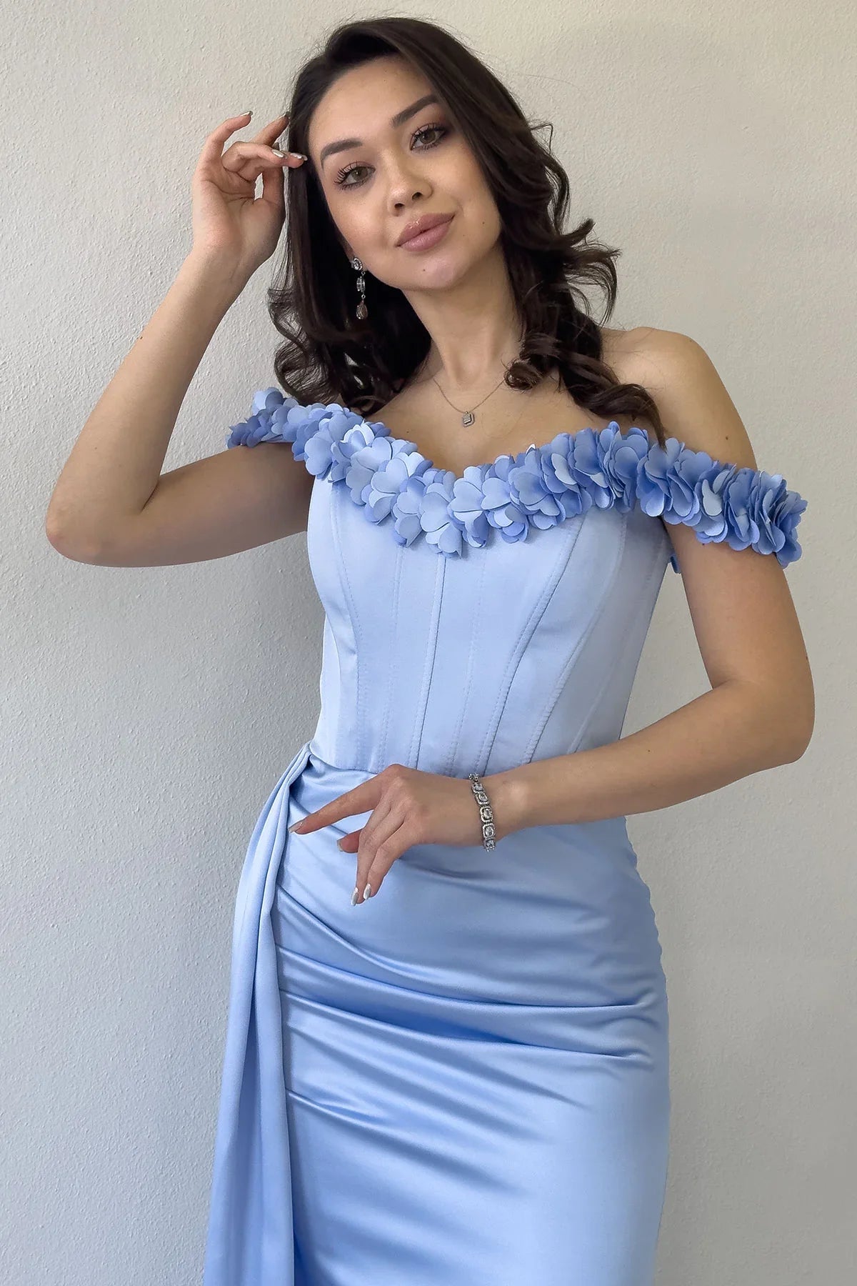 Women's Baby Blue Floral Boat Neck Draped Slit Satin Evening Gown