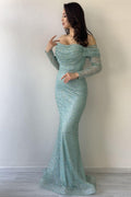 Aqua Green Strapless Embellished Mermaid Maxi Evening Dress