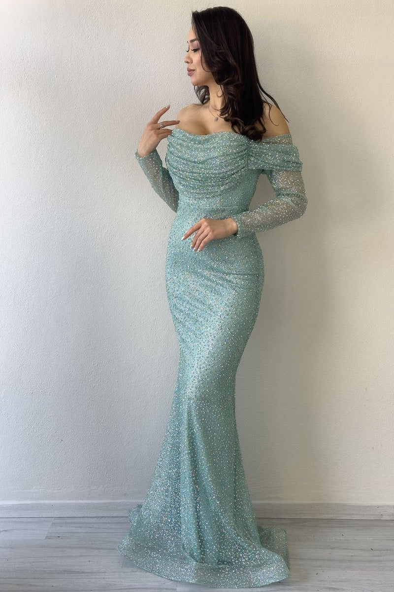 Women's Aqua Green Boat Neck Crystal Embellished Long Sleeve Mermaid Evening Gown