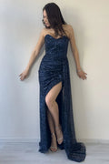 Navy Blue Strapless Sequin Evening Dress