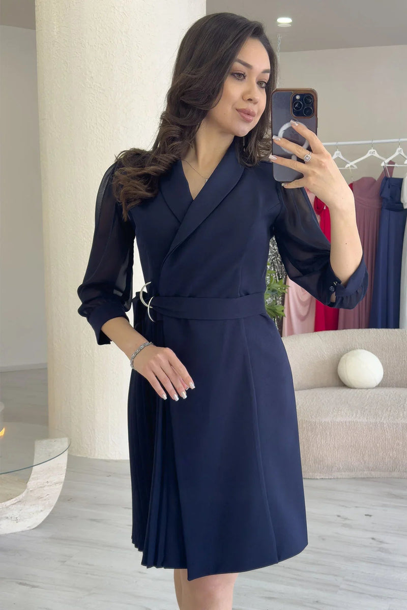 Women's Navy Blue Silver Tokalı uzun Sleevelu Piliseli Jacket Dress