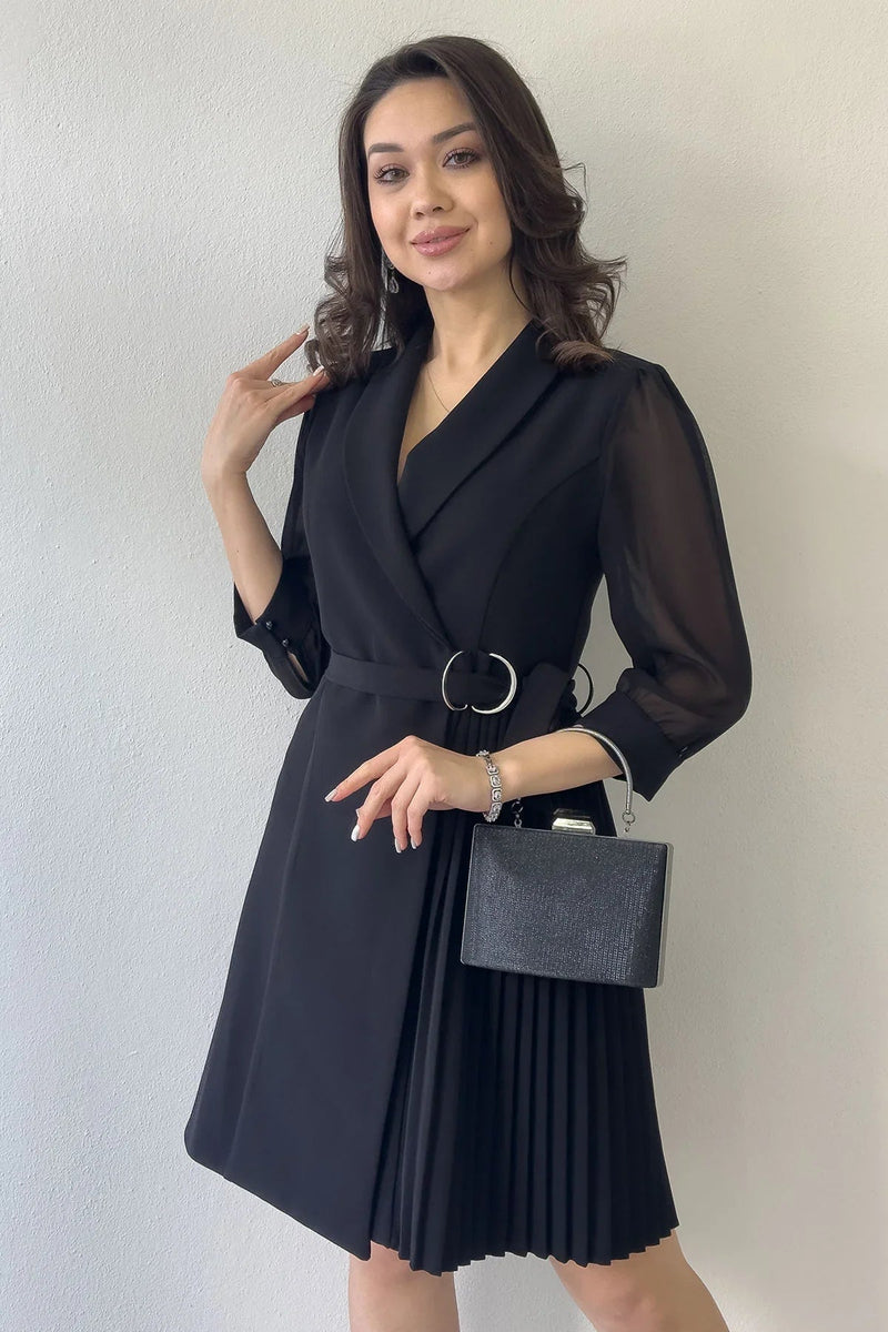 Women's Black Silver Tokalı Long Sleevelu Piliseli Jacket Dress