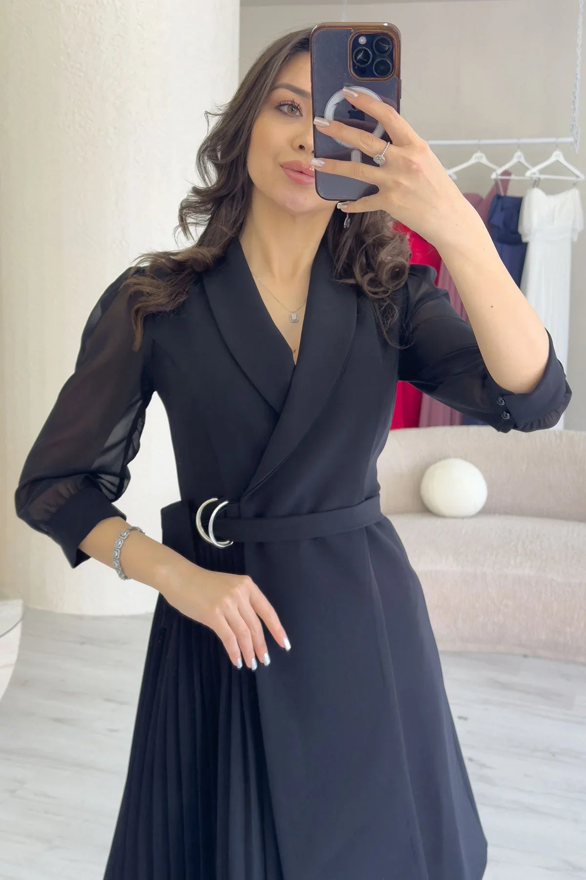 Women's Black Silver Tokalı Long Sleevelu Piliseli Jacket Dress