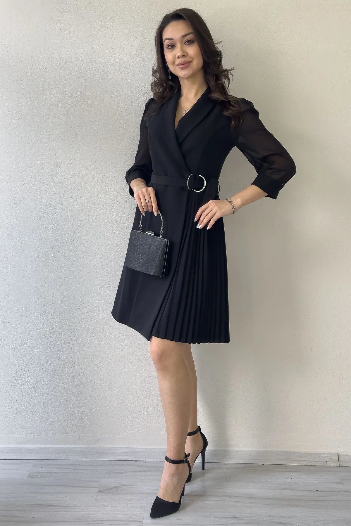 Women's Black Silver Tokalı Long Sleevelu Piliseli Jacket Dress