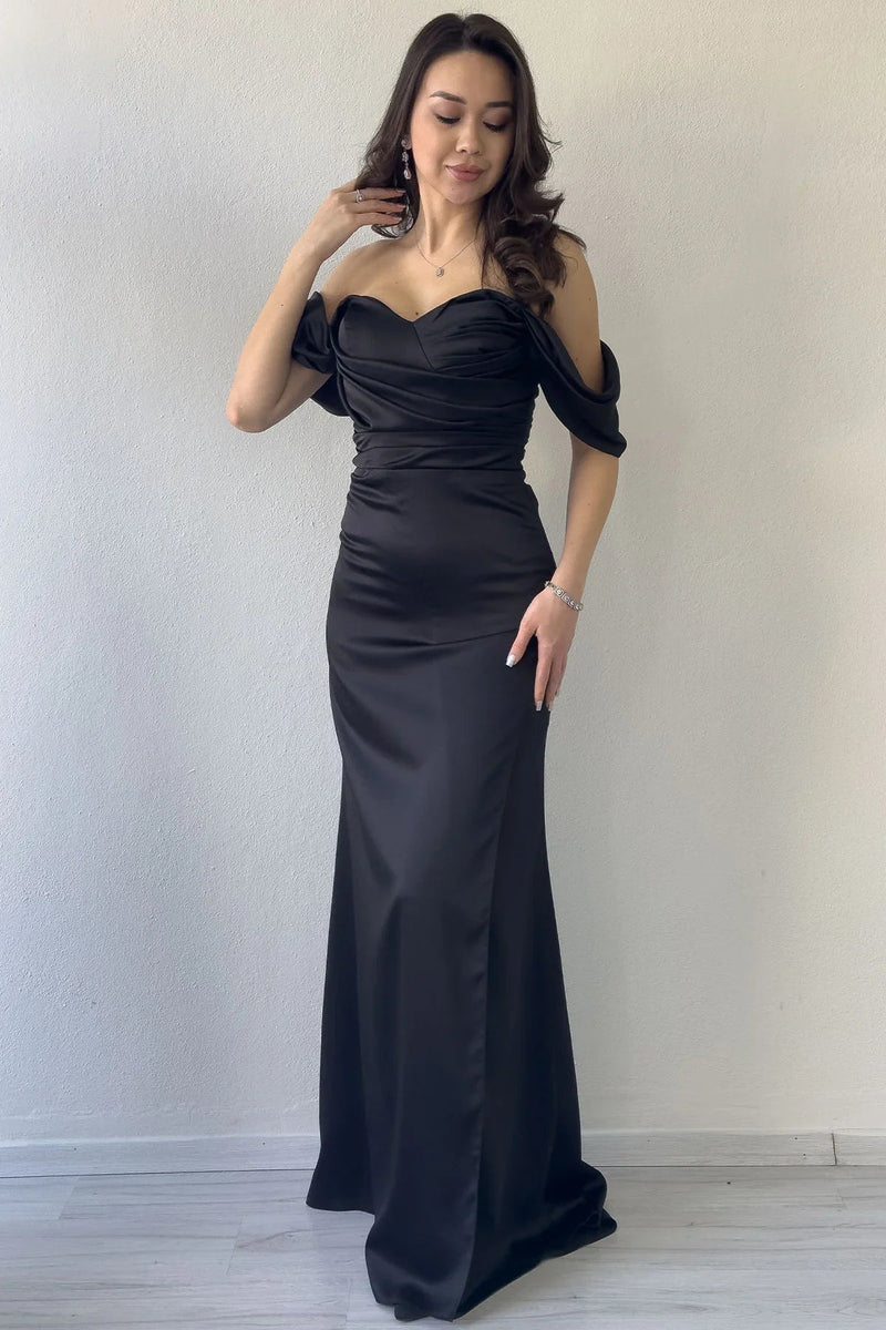Women's Black Open Back Off-Shoulder Draped Slit Satin Evening Gown