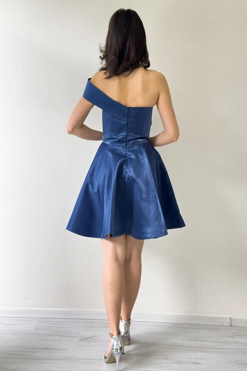 Women's Navy Blue Tek Omuz Taş Detail Mini Flared Satin Evening Gown