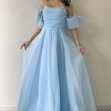 Baby Blue Organza Evening Dress with Drape Neckline, Tie-Up Bow Detail on Sleeves