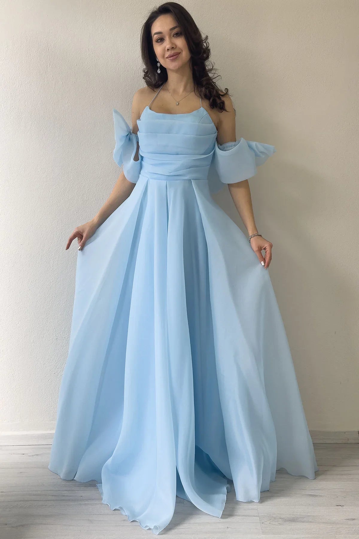 Women's Baby Bluesi Draped Halter Tie Bow Sleeve Detail Organze Evening Gown