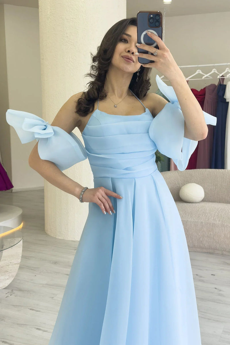 Women's Baby Bluesi Draped Halter Tie Bow Sleeve Detail Organze Evening Gown
