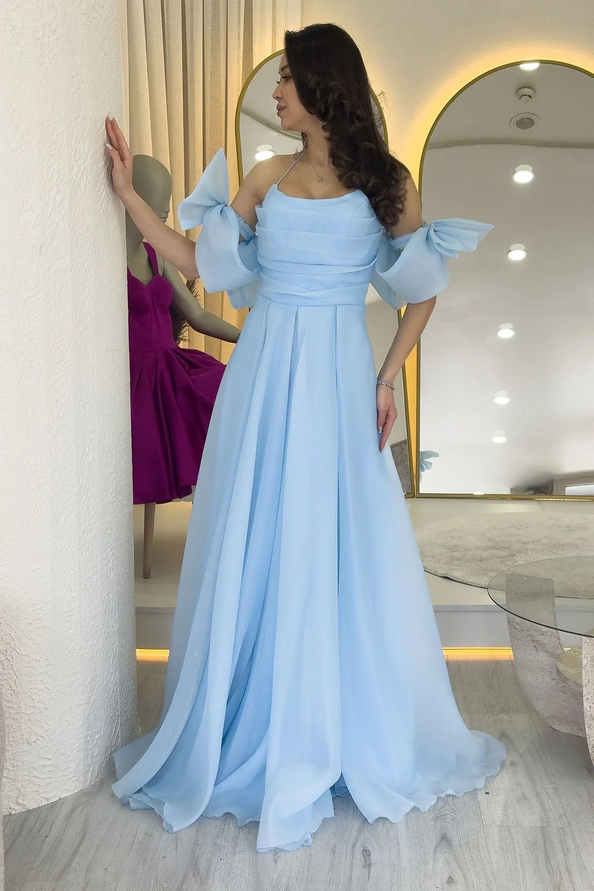 Women's Baby Bluesi Draped Halter Tie Bow Sleeve Detail Organze Evening Gown