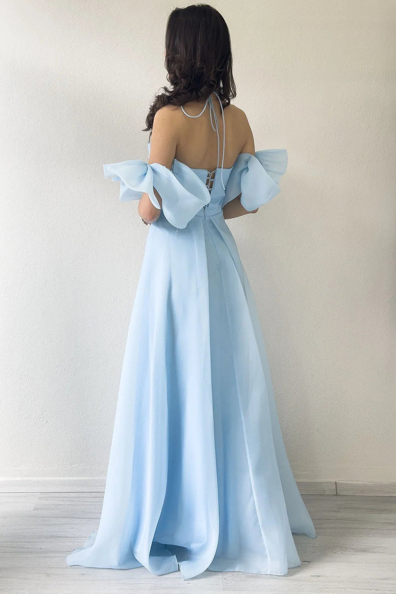 Women's Baby Bluesi Draped Halter Tie Bow Sleeve Detail Organze Evening Gown