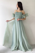 Aqua Green Organza Evening Dress with Drape Neckline, Tie-Up Bow Detail on Sleeves
