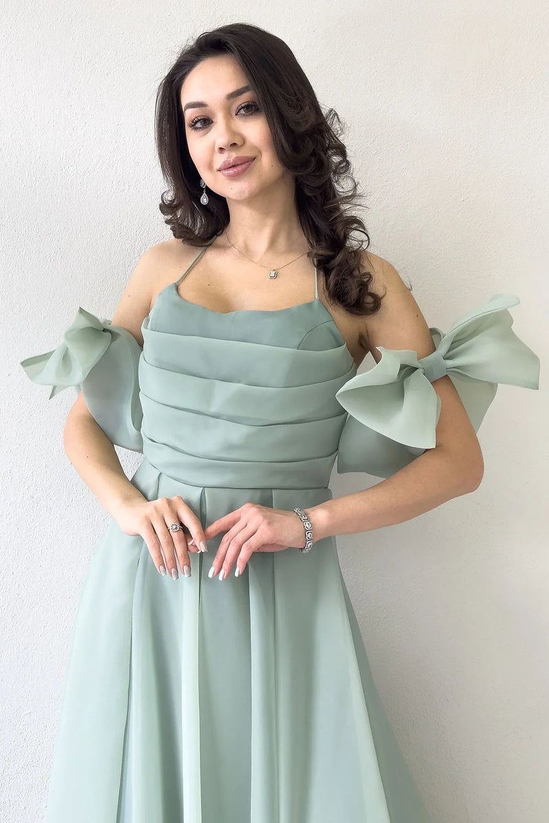 Women's Aqua Green Draped Halter Tie Bow Sleeve Detail Organze Evening Gown
