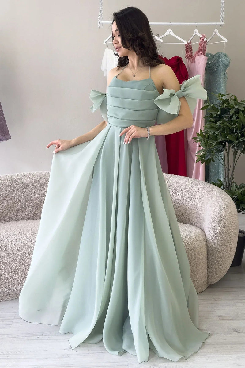 Women's Aqua Green Draped Halter Tie Bow Sleeve Detail Organze Evening Gown