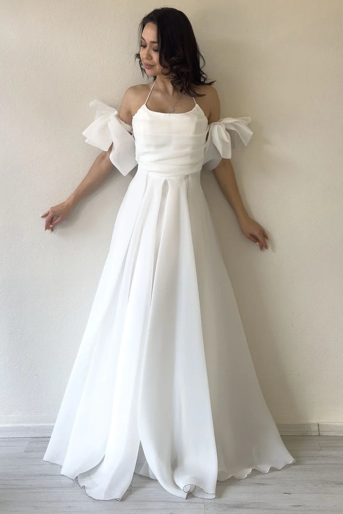 Women's White Draped Halter Tie Bow Sleeve Detail Organze Evening Gown