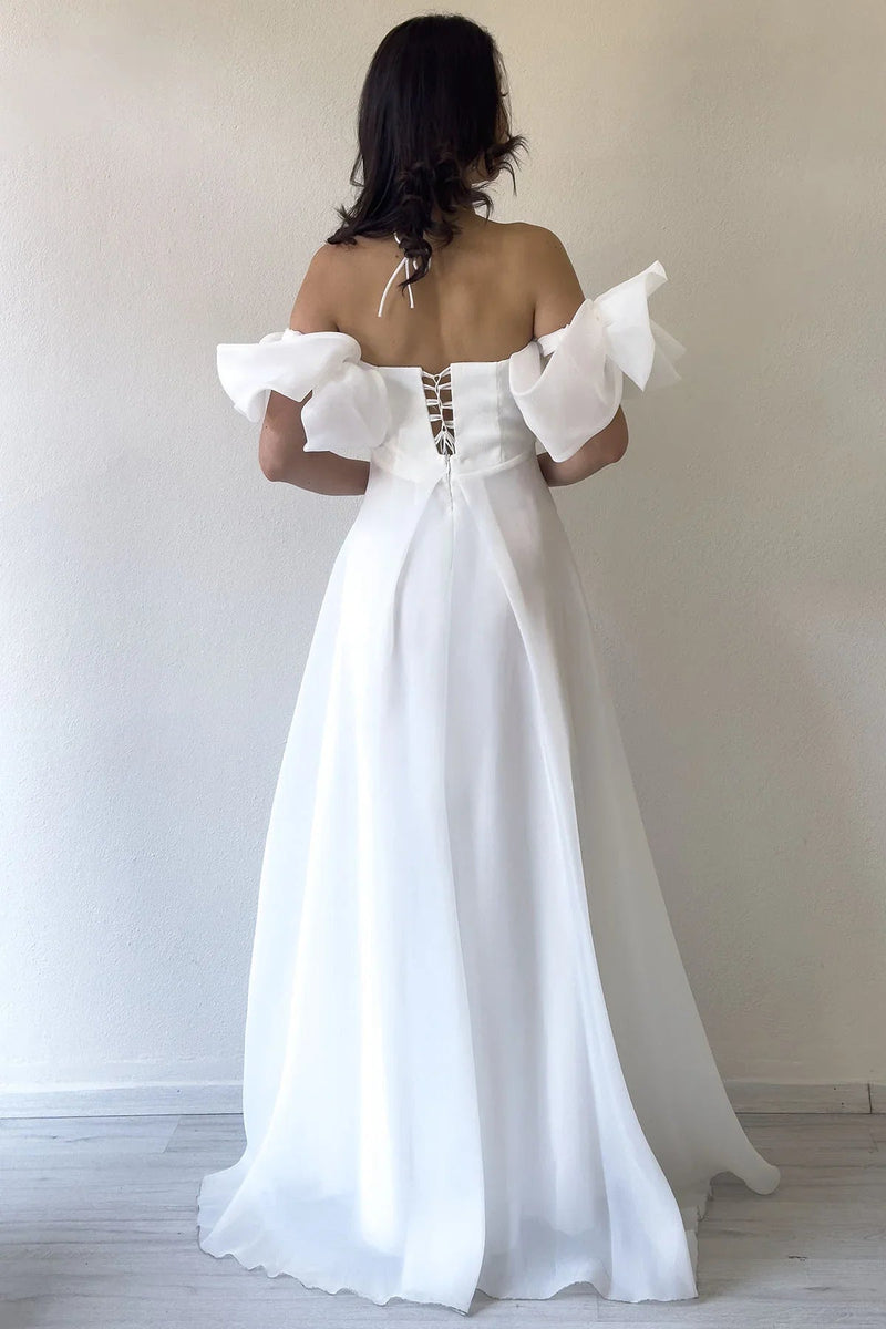 Women's White Draped Halter Tie Bow Sleeve Detail Organze Evening Gown