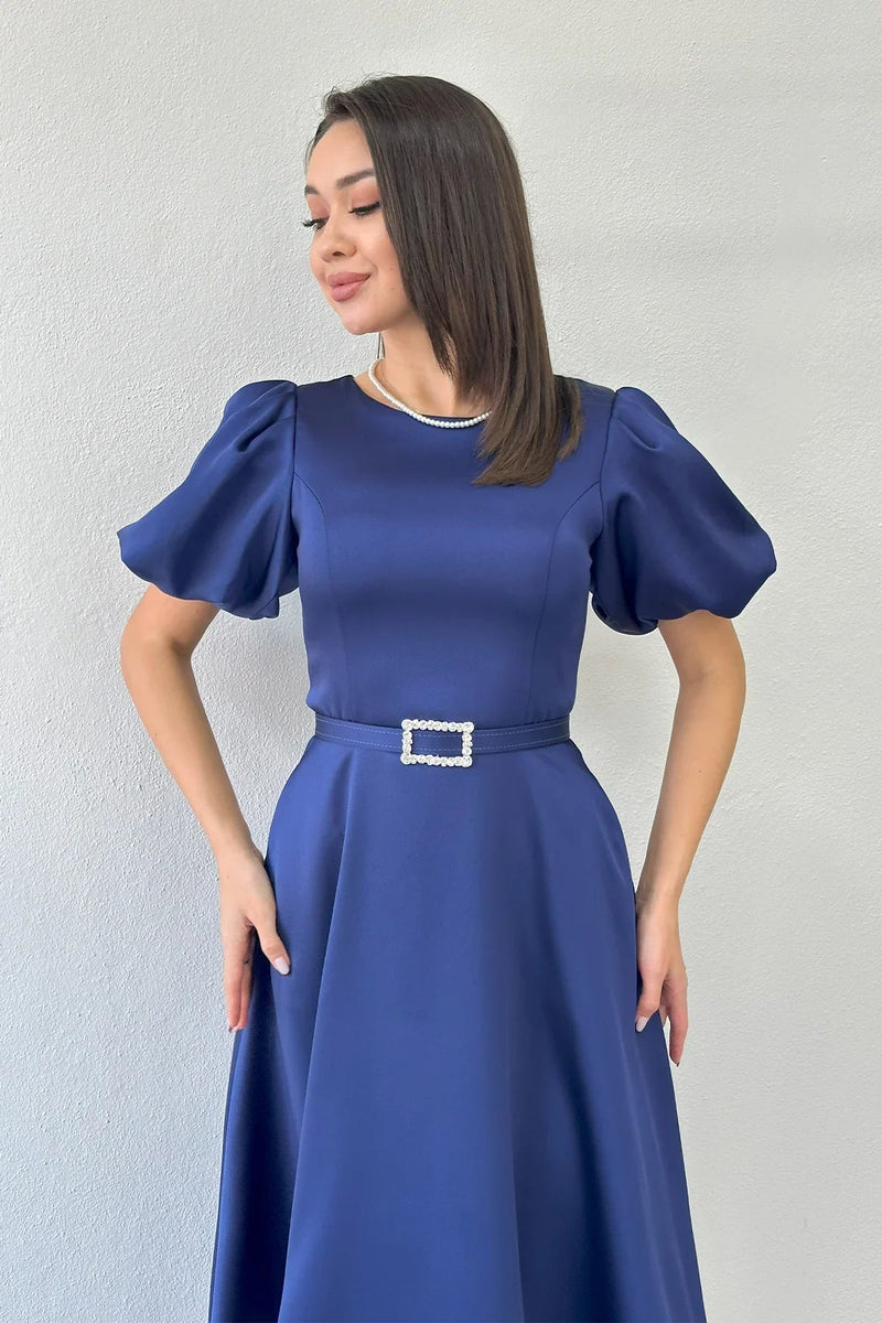 Women's Navy Blue Balloon Sleeve Taş Belted Midi Satin Evening Gown