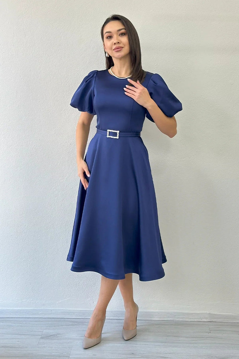 Women's Navy Blue Balloon Sleeve Taş Belted Midi Satin Evening Gown