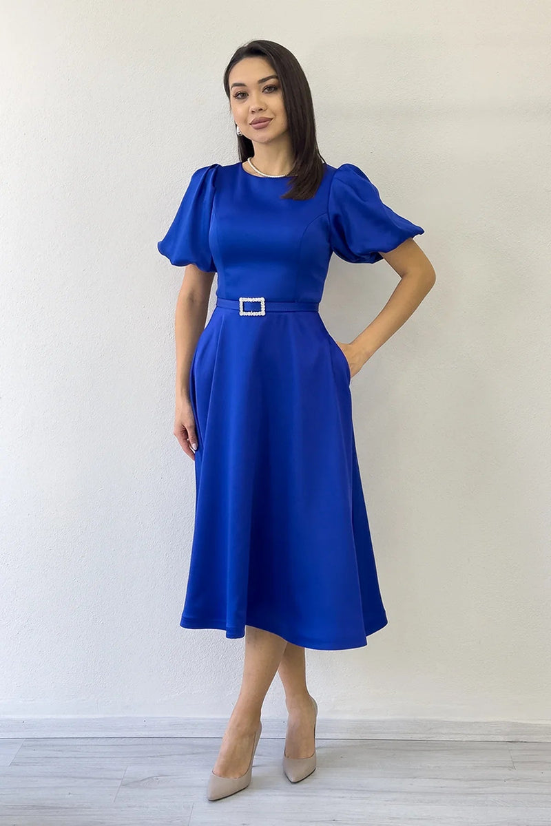 Women's Saxe Balloon Sleeve Taş Belted Midi Satin Evening Gown