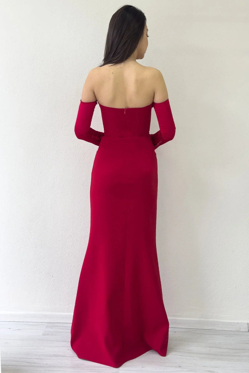 Women's Red Strapless Sleeve Aksesuarlı Mermaid Satin Alya Dress