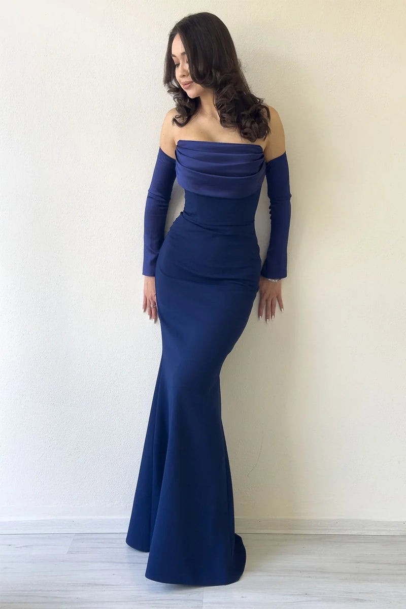 Women's Navy Blue Strapless Sleeve Aksesuarlı Mermaid Satin Alya Dress