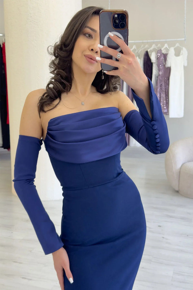 Women's Navy Blue Strapless Sleeve Aksesuarlı Mermaid Satin Alya Dress