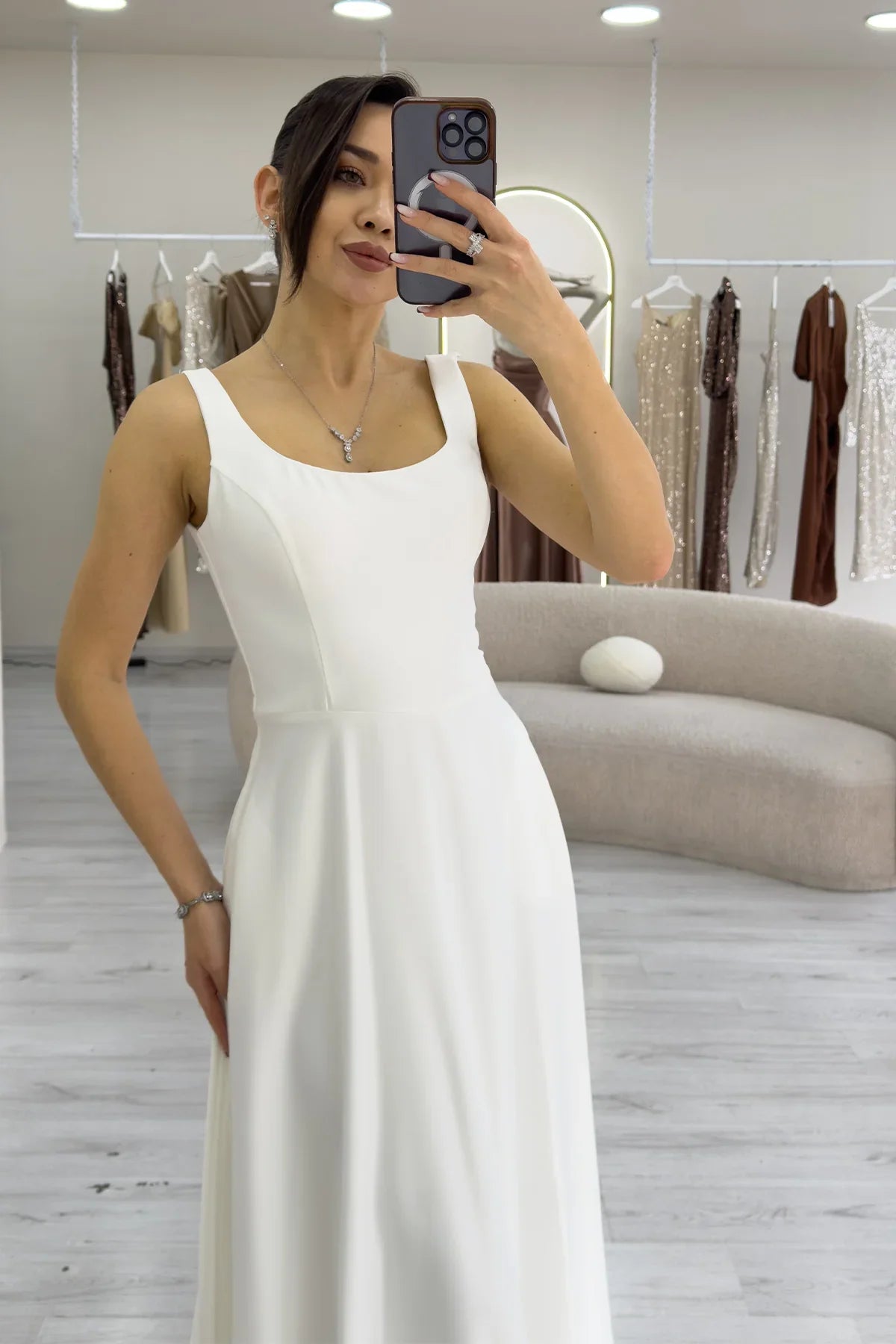 Women's White U-Neck Sırt Tie Midi Satin Bridal Dresssi