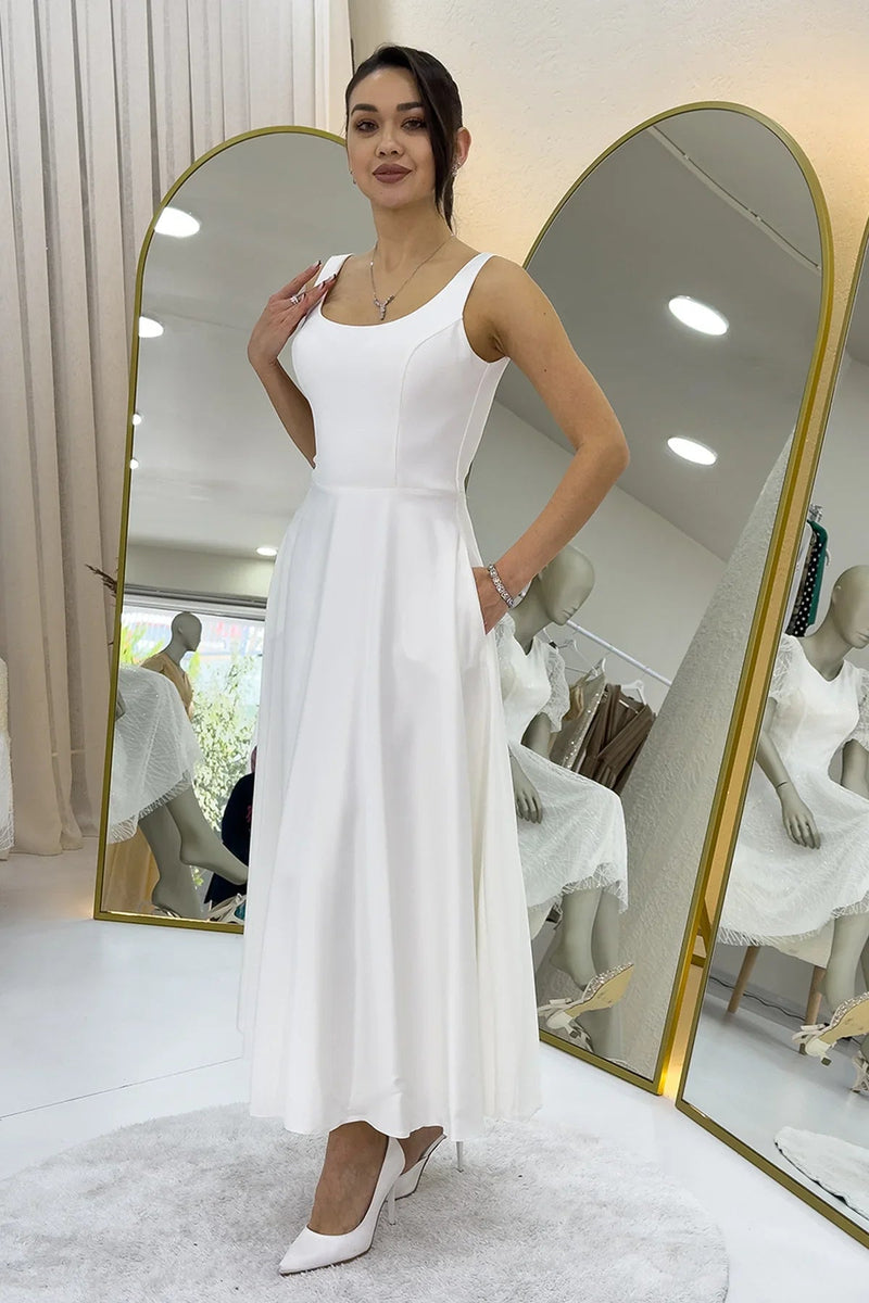 Women's White U-Neck Sırt Tie Midi Satin Bridal Dresssi