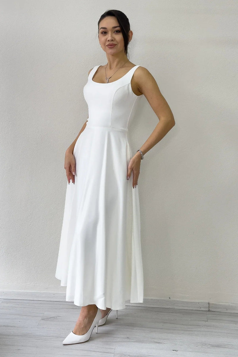 Women's White U-Neck Sırt Tie Midi Satin Bridal Dresssi