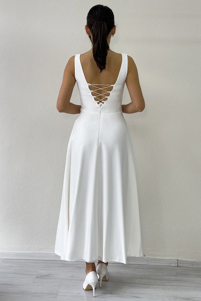 Women's White U-Neck Sırt Tie Midi Satin Bridal Dresssi