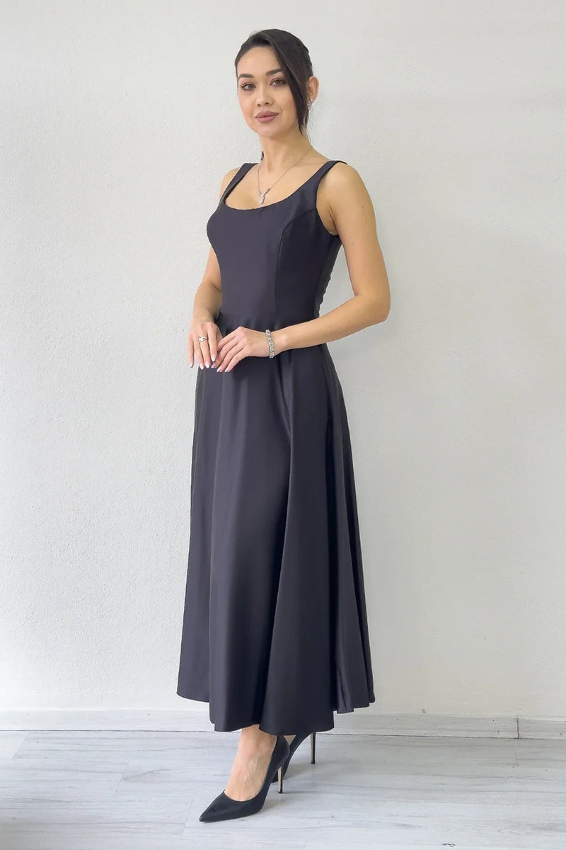 Women's Black U-Neck Sırt Tie Midi Satin Dress