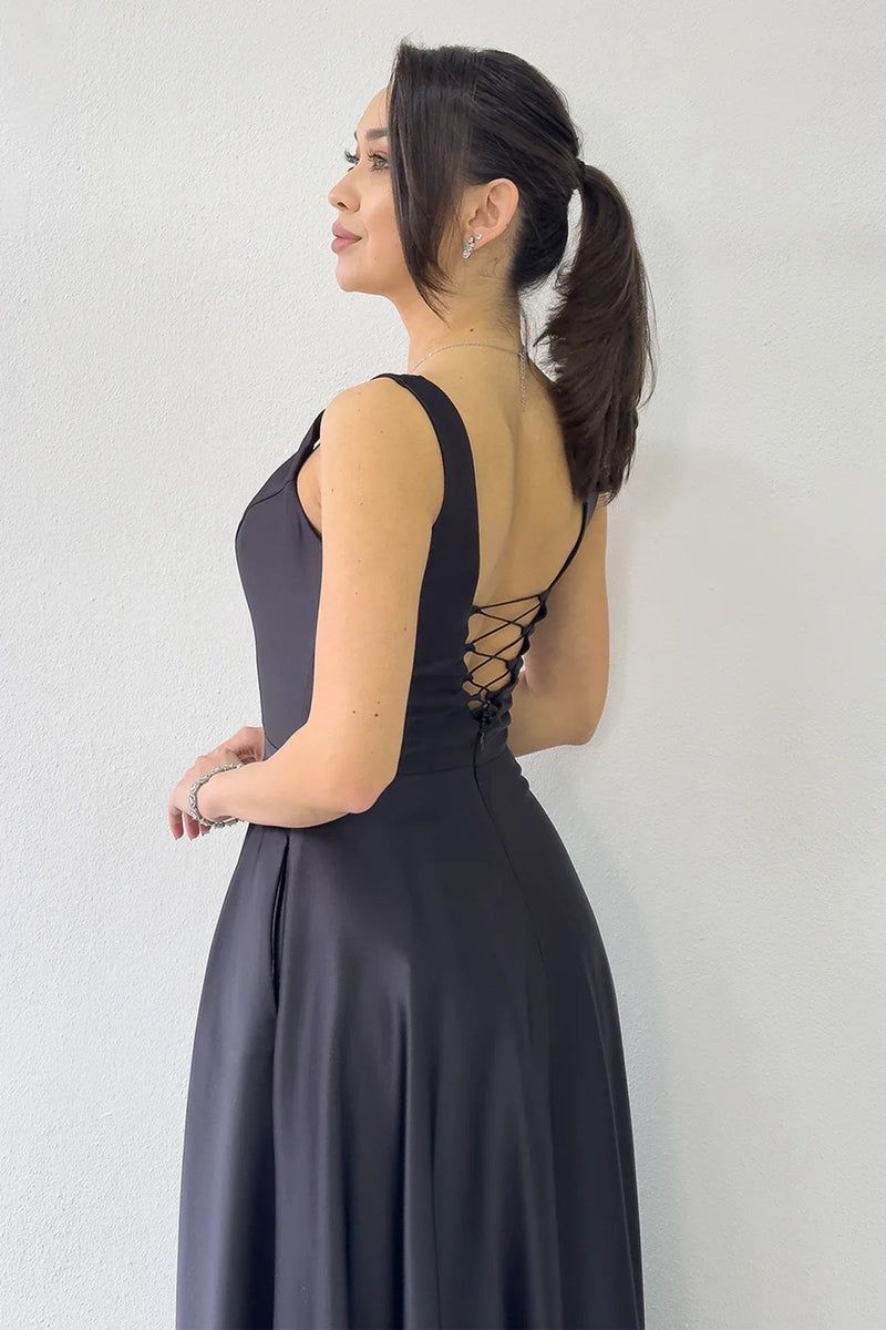 Women's Black U-Neck Sırt Tie Midi Satin Dress