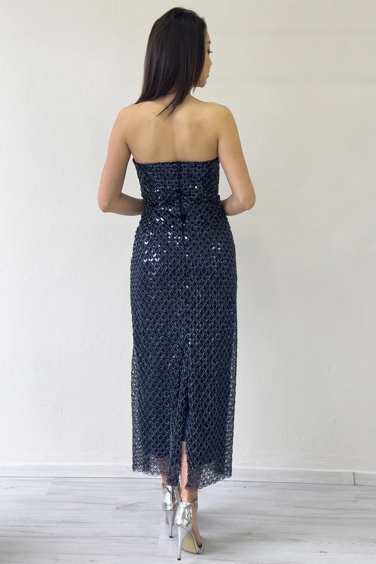 Women's Navy Blue Strapless Beaded Midi Evening Gown