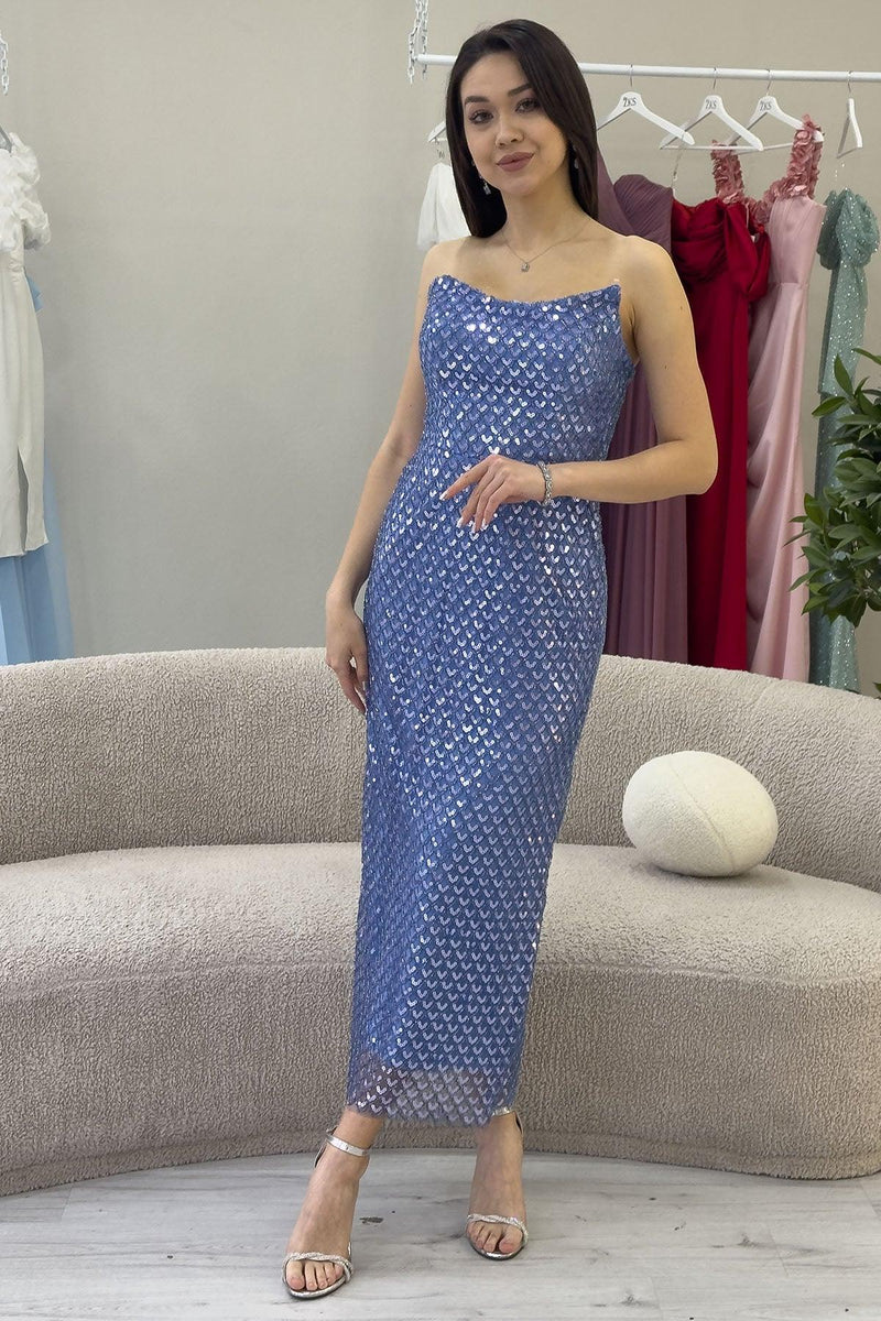 Women's Indigo Strapless Beaded Midi Evening Gown