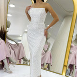 Weißes, trägerloses Pailletten-Abendkleid in Midi-Länge