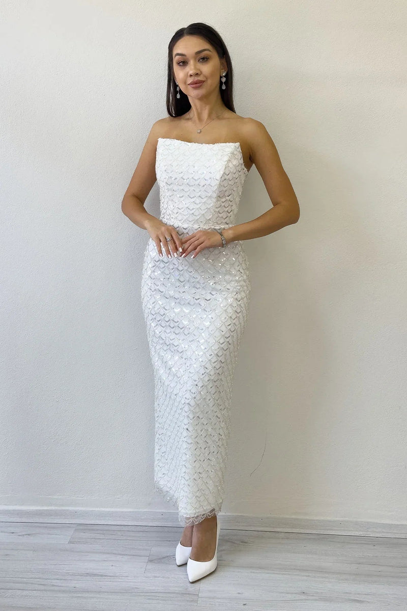 Women's White Strapless Beaded Midi Evening Gown