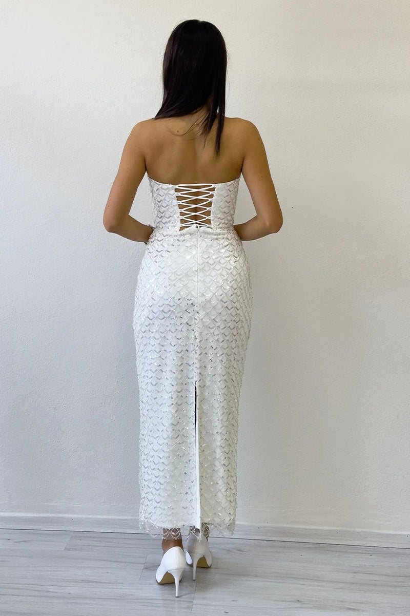 Women's White Strapless Beaded Midi Evening Gown