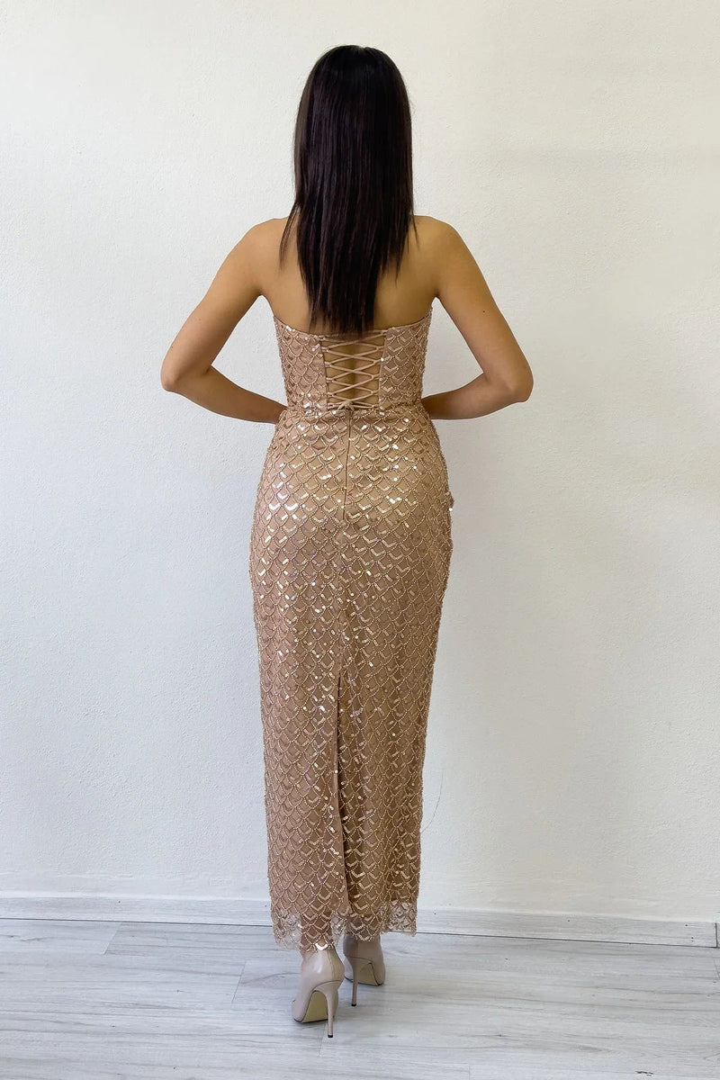 Women's Gold Strapless Beaded Midi Evening Gown